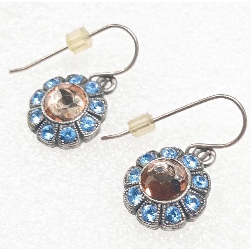 Tommasini Blue Crystal Flower Dangle Earrings Signed Italian